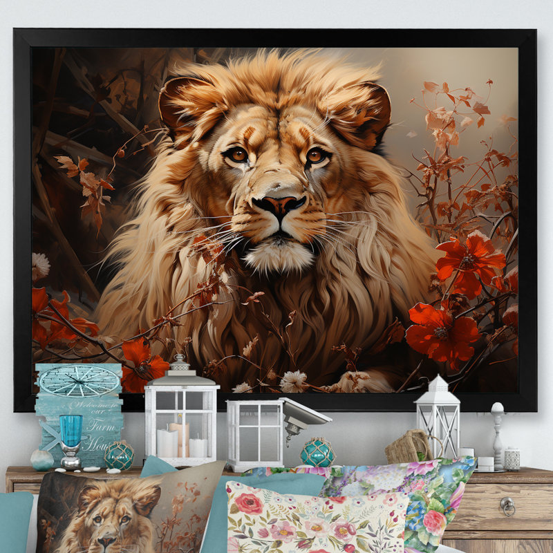 «Lion Wilderness Symphony» sur toile, H 34 po x l 44 po x P 1,5 po, Cadre simple noir