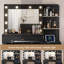 Bureau de maquillage avec miroir et lumières 3 couleurs, coiffeuse avec 10 ampoules DEL et prise de courant, grande coiffeuse avec 4 tiroirs, 6 tablettes de rangement pour la chambre à coucher, noir-1556421532