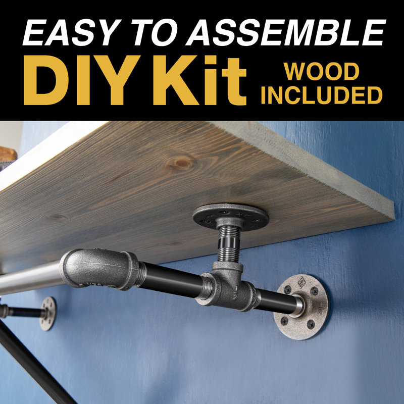 Rustic Pipe Wardrobe Rack Kit with Wood Shelf, 18" H x 36" W x 12" D, Riverstone Gray