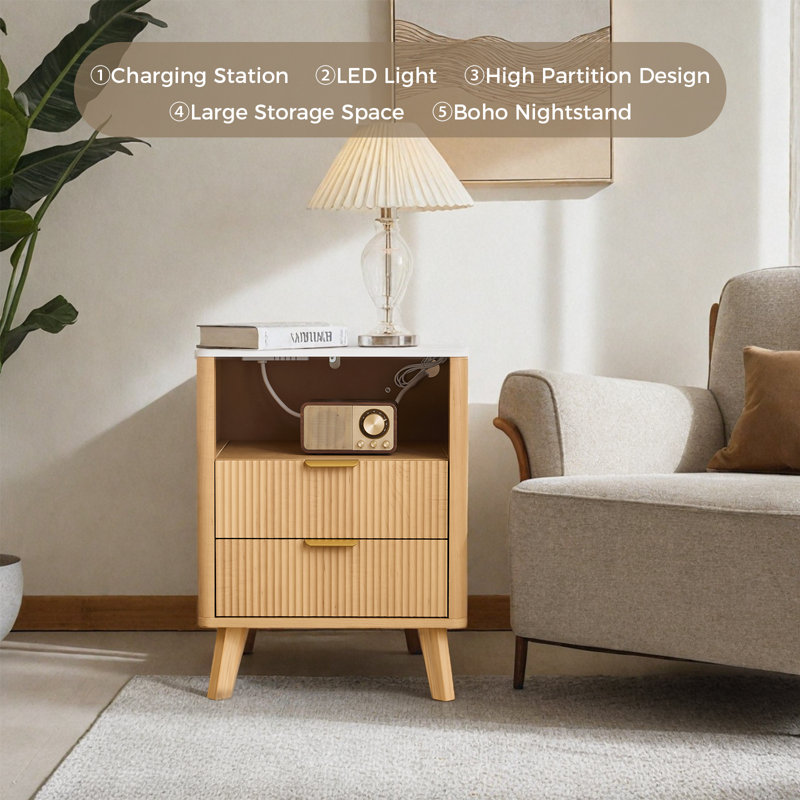 Fluted Nightstand With Charging Station And LED Lighting