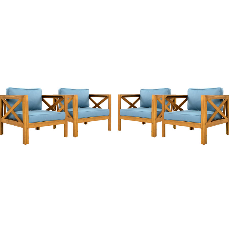 Conversation extérieure: fauteuils club en bois avec coussins bleus, dimensions confortables et tissu imperméable facile à assembler