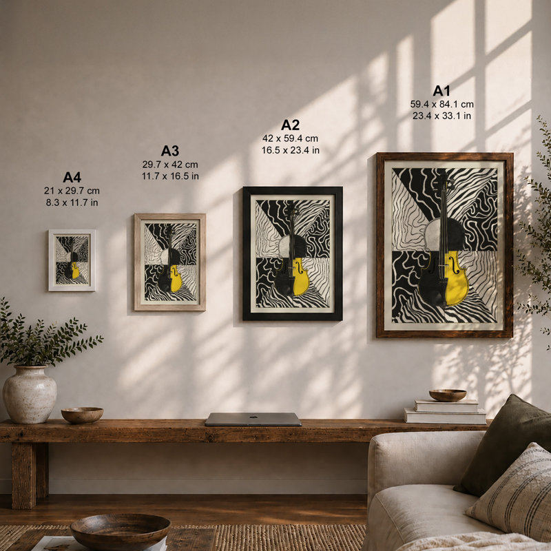 Yellow Cat in Symmetry Modern - Framed Print, A2 - 59.4 x 42.0 cm, Oak