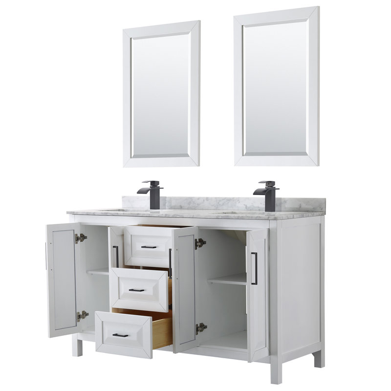Ensemble de meuble-lavabo double 60 "avec miroir Daria, Blanc, Marbre de culture blanc, Or brossé