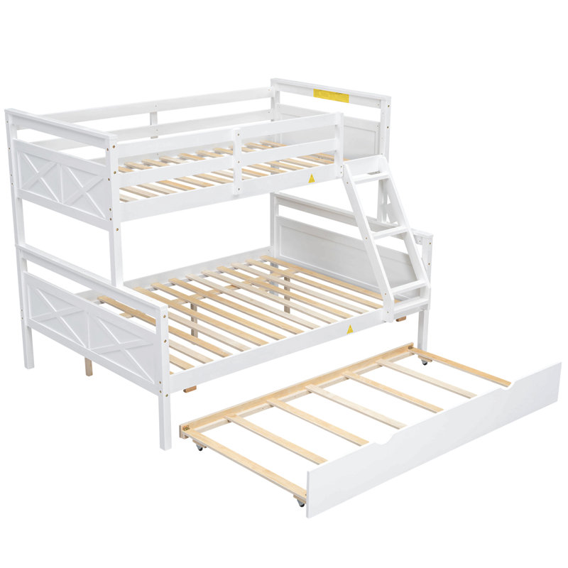 Lit simple superposé au dessus d'un lit double avec échelle, lit gigogne simple, barrière de sécurité, Blanc
