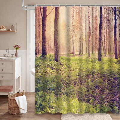 Spring Grass Forest Soft Landscape Green Shower Curtain with 12 Hooks