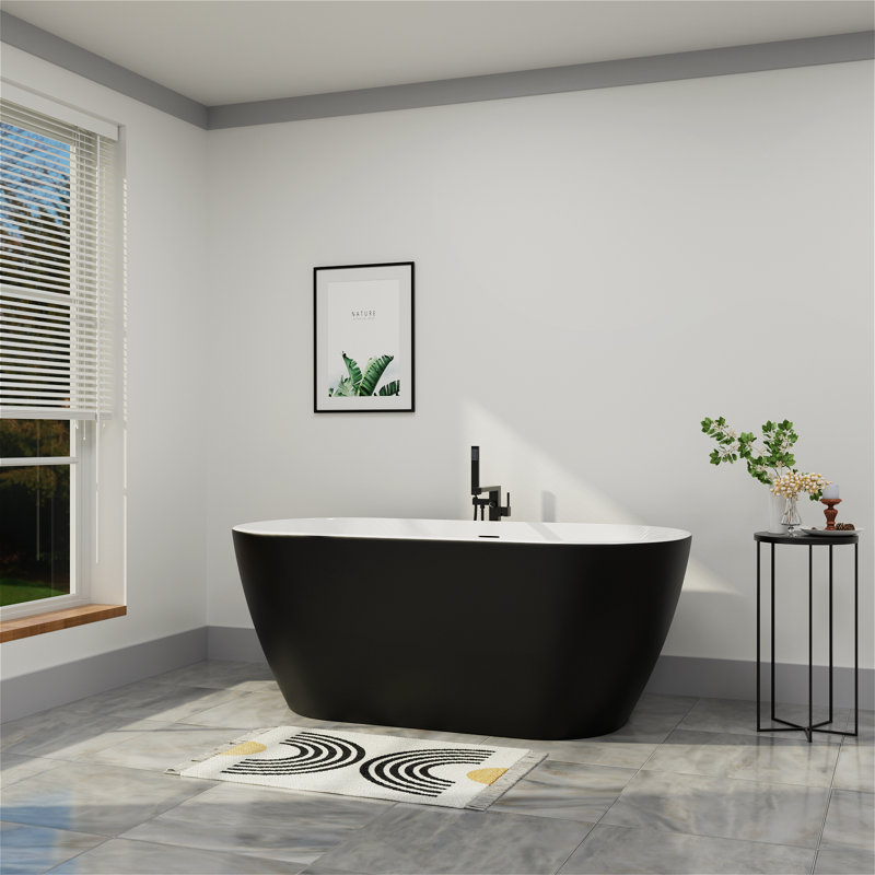 Baignoire de trempage autoportante L 59 po x l 29 po avec drain chromé double, Noir