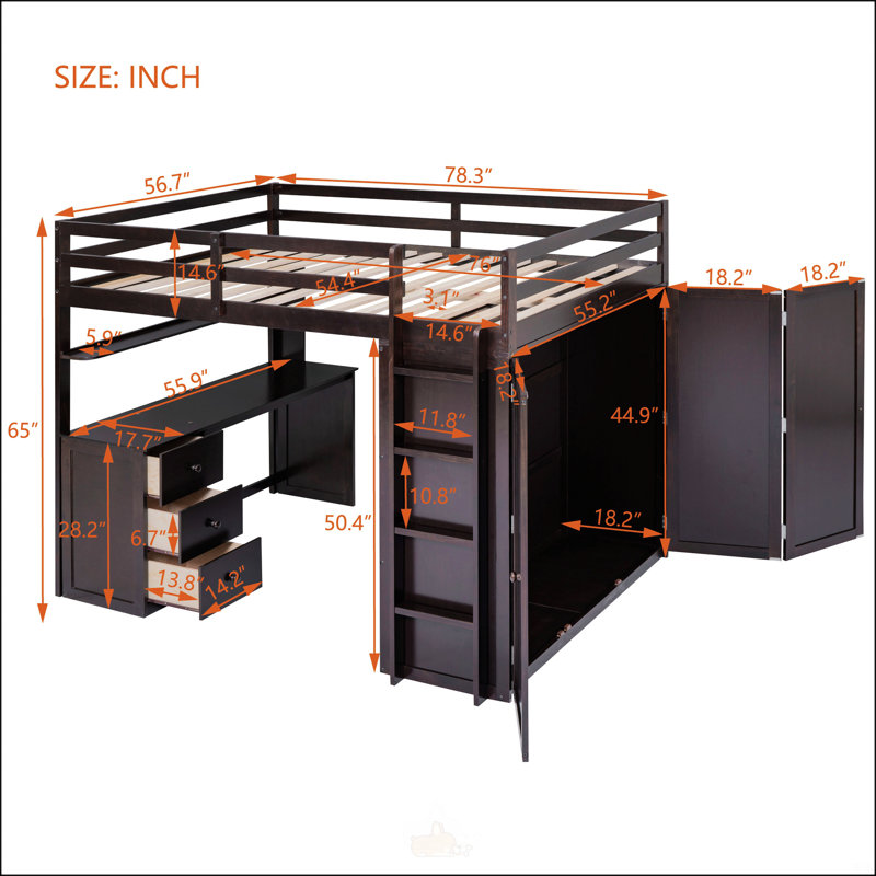 Lit mezzanine double avec tiroirs, Double, Espresso