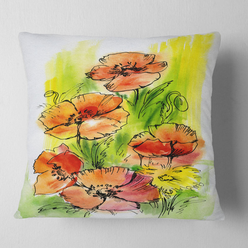 Coussin Bouquet Poppies - imprimé floral, Carré, 16 po x 16 po