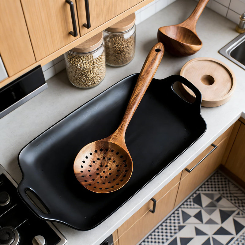 Ensemble d'ustensiles de cuisine en bois de teck 6 pièces avec support - Outils de cuisine antiadhésifs pour mélanger, mélanger et retourner