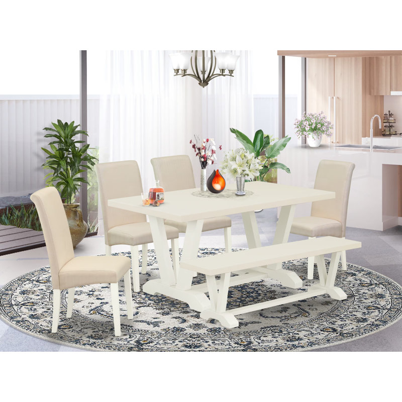 Ensemble de table de salle à manger 6 pièces comprenant une table de salle à manger rectangulaire avec pieds en V et 4 chaises rembourrées en tissu de lin crème avec banc, multicolore