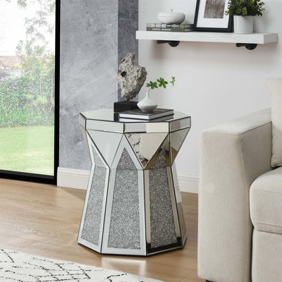 Drum Style Coffee Table With Mirror Crystal Inlay, Polygonal Silver Decorative Table, Modern Design Luxury Furniture For Living Room