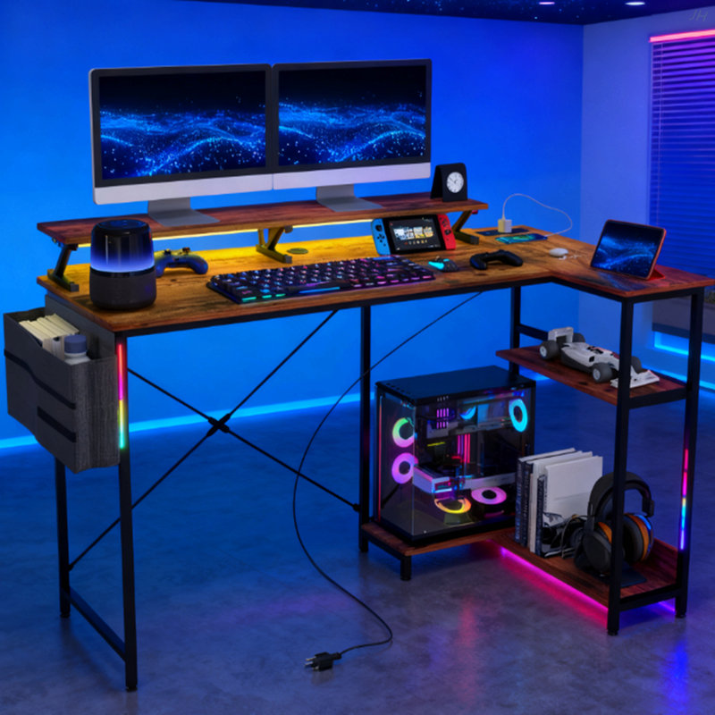 Computer Desk With Reversible L Shaped, Corner Desk With Monitor Stand,Power Outlets And LED Lights, Rustic Brown