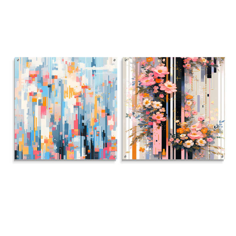 Fleurs de cerisier rose moderne - Bold Stripes I - Art mural en verre acrylique cerise, ensemble de 2, H 30 po x l 61 po