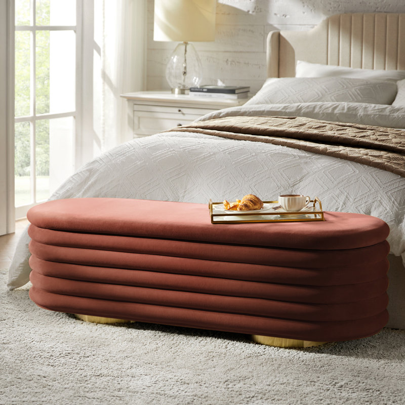 Nettie 54" Modern Velvet Boucle Upholstered Tufted Storage Bench with Gold-finished Metal Legs, Burn-brick
