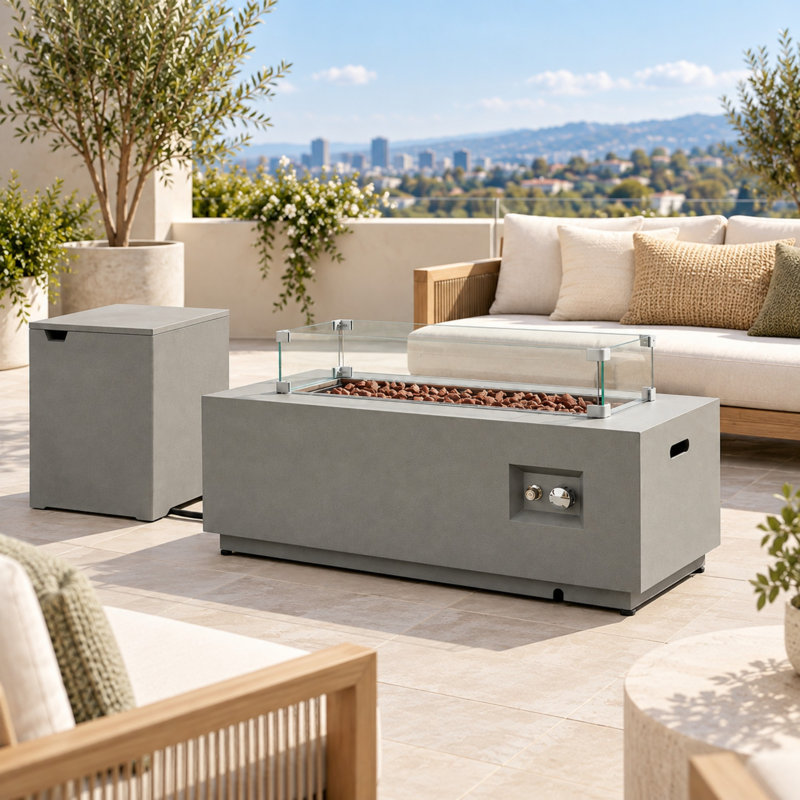 Table de foyer au propane de 50 000 BTU avec pare-vent et compartiment de rangement pour la bouteille.