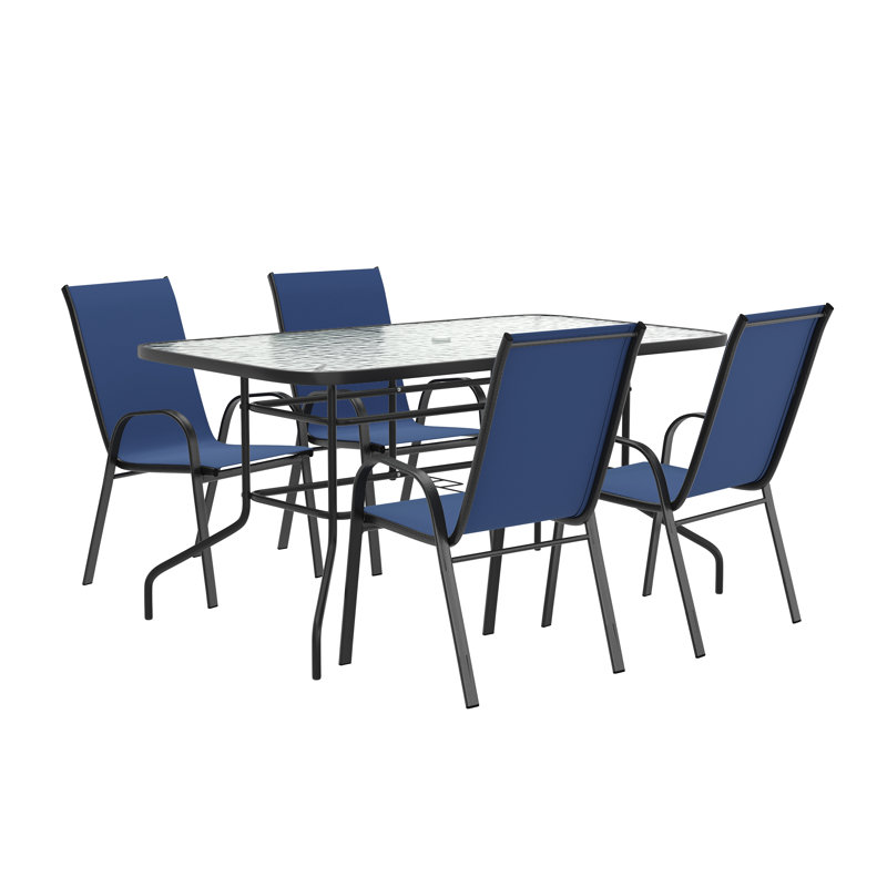 Elgin Patio Dining Set with Glass Table and Flex Stack Chairs, Navy, 4