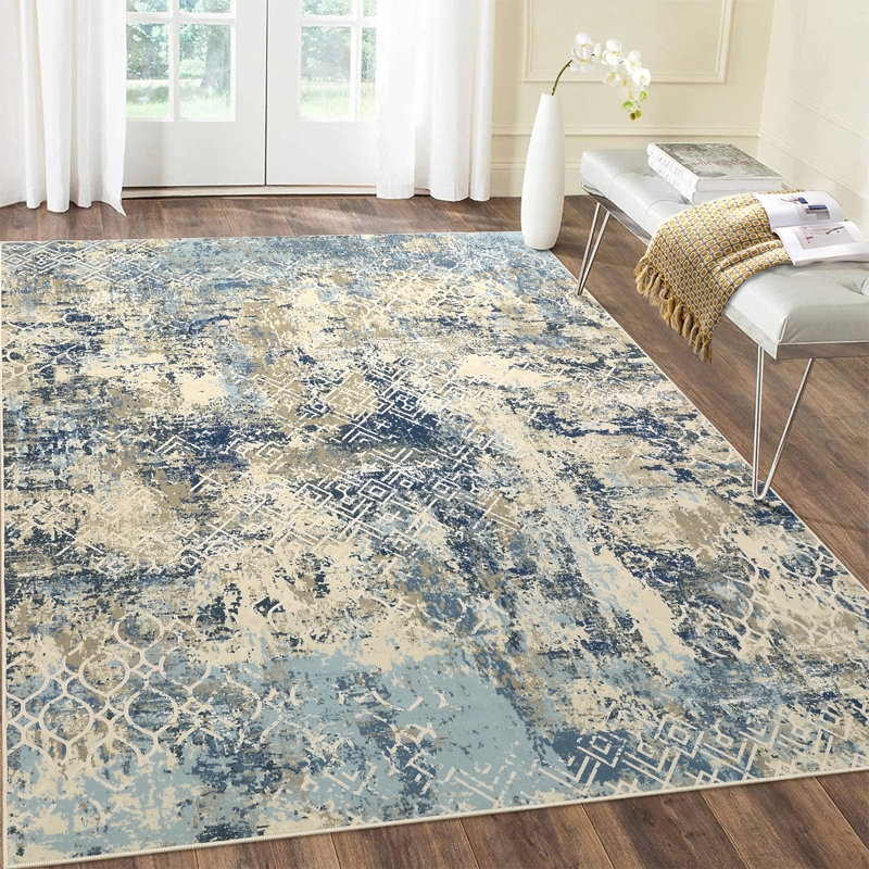 Modern Abstract Neutral Washable Area Rugs, Soft Carpet for Living Room, Bedroom, Rectangle 9' x 12'