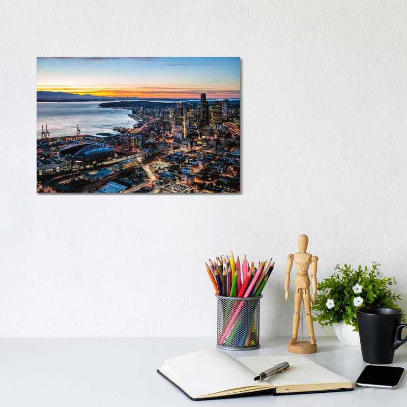 Aerial View Of Seattle Downtown Skyline At Dusk, USA by Matteo Colombo - Wrapped Canvas Print, 20.32 cm H x 30.48 cm W