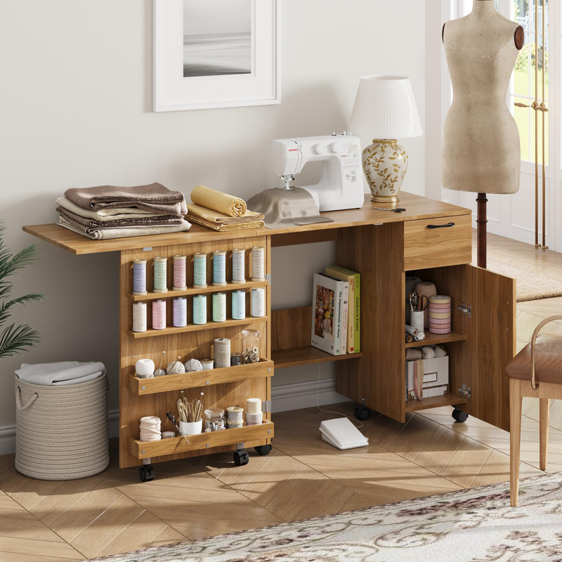 Table pliante pour machine à coudre multifonctionnelle avec étagères de rangement coulissantes et verrouillables, Brun