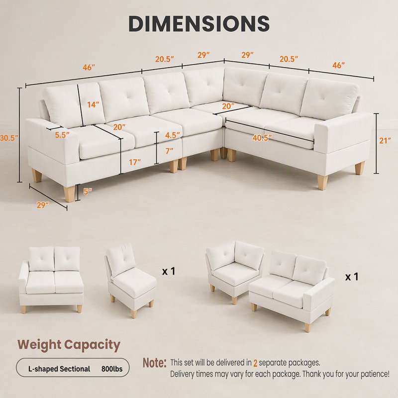 Canapé modulaire en L de 95,5 po x 75 po de largeur modulaire en L 4 pièces 4 pièces avec méridienne en flanelle Massa