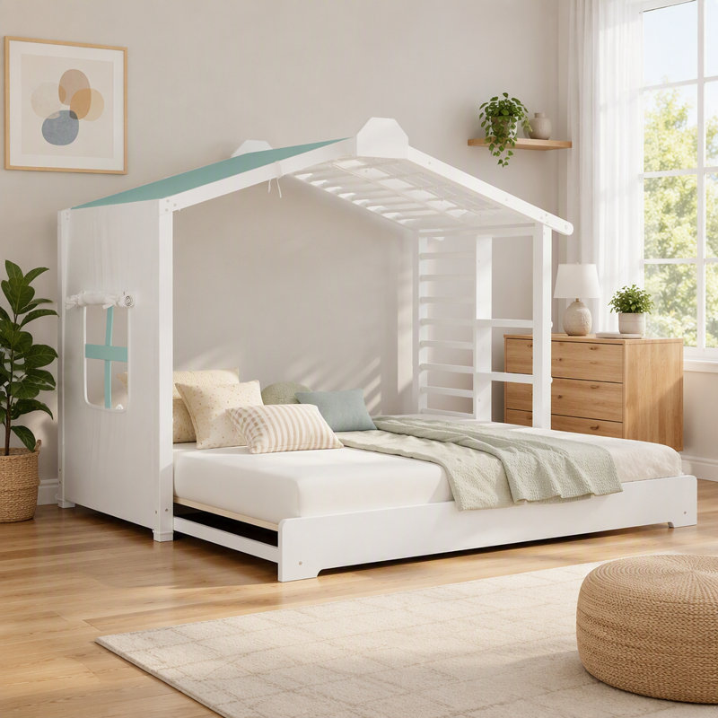 Lit simple simple avec lit gigogne simple et tablettes latérales, Blanc