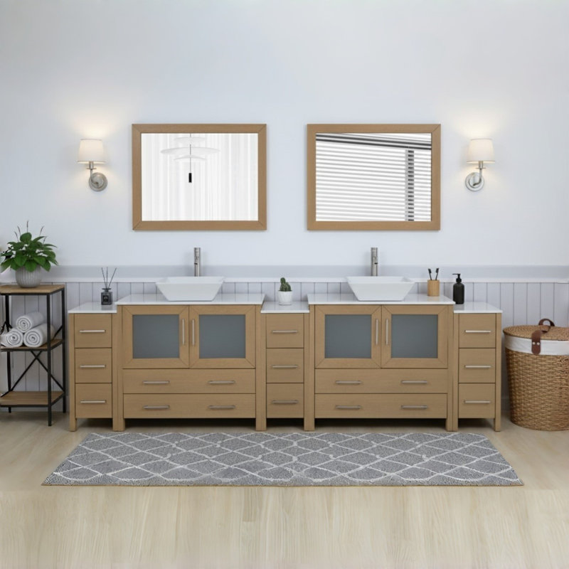Ravenna 108" Freestanding Double Sink Bathroom Vanity with Engineered Marble Top and Matching Mirrors, Natural Oak