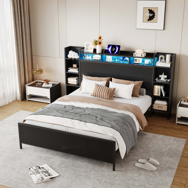 Structure de lit avec station de charge USB, tête de lit avec rangement et base de lit en métal robuste et légère, aucun sommier requis