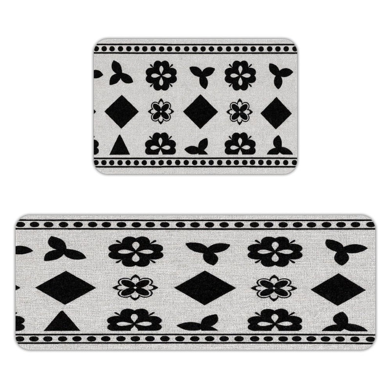 Black Floral Geometric, Kitchen Mats Set of 2, Black Floral