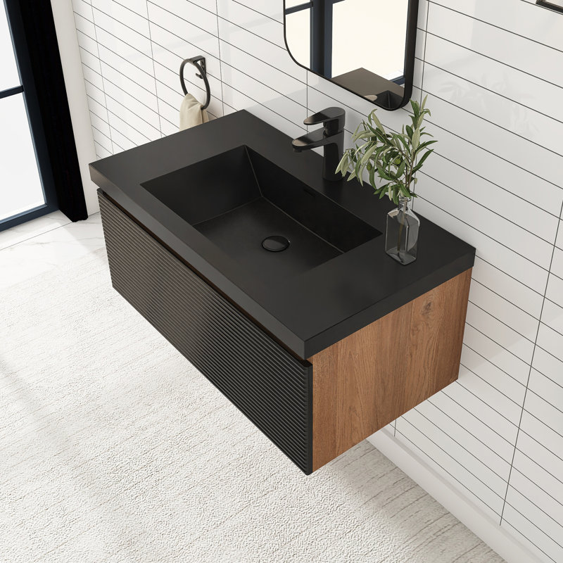 36 In. W X 16 In. H Single Sink Wall-Mounted Bath Vanity With Matte Black Resin Top