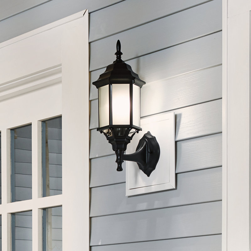 1-Light Black Outdoor Wall Light with Satin Etched Glass Panels