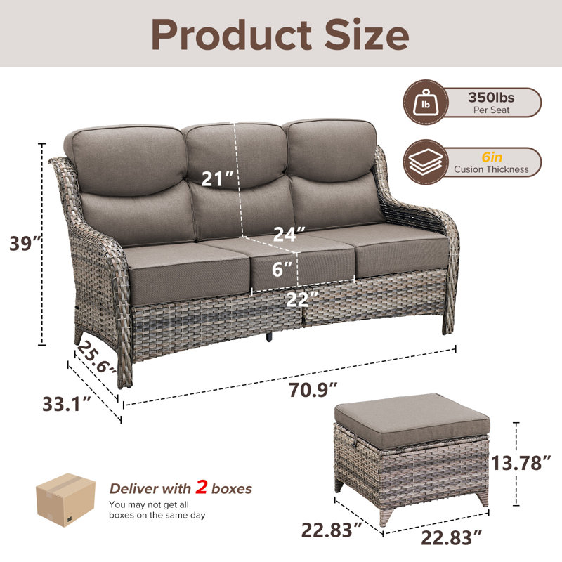  3-Piece Patio Furniture Sofa Set With Ottomans, 6-Inch Ultra-Plush Cushions & Water-Resistant Olefin Fabric, Gray