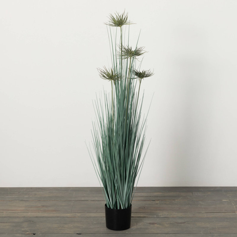 47" Green Plastic Grass Topiary in Woven Basket