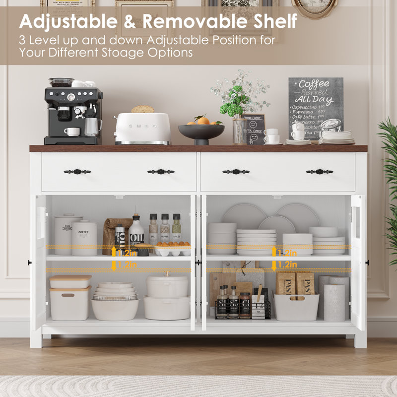 Almus 55'' Sideboard with 4 Glass Doors, 2 Large Drawers and Adjustable Shelves, White/Brown