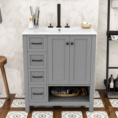 Meuble-lavabo moderne autoportant avec deux tiroirs, lavabo en céramique durable et rangement spacieux