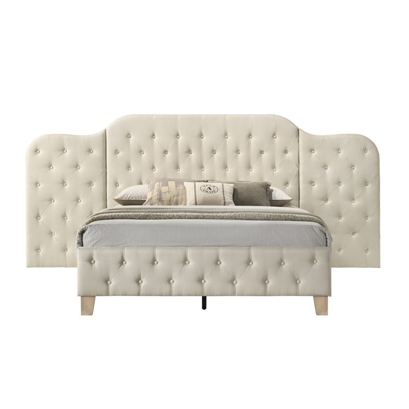 Grand lit contemporain tapissier en tissu capitonné beige avec tête de lit capitonnée et bouton capitonné 1pc