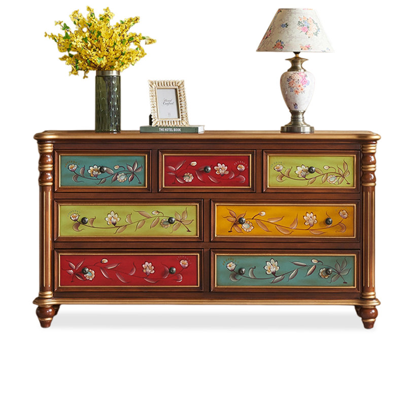 Solid Wood Accent Cabinet, Green/Red/Orange