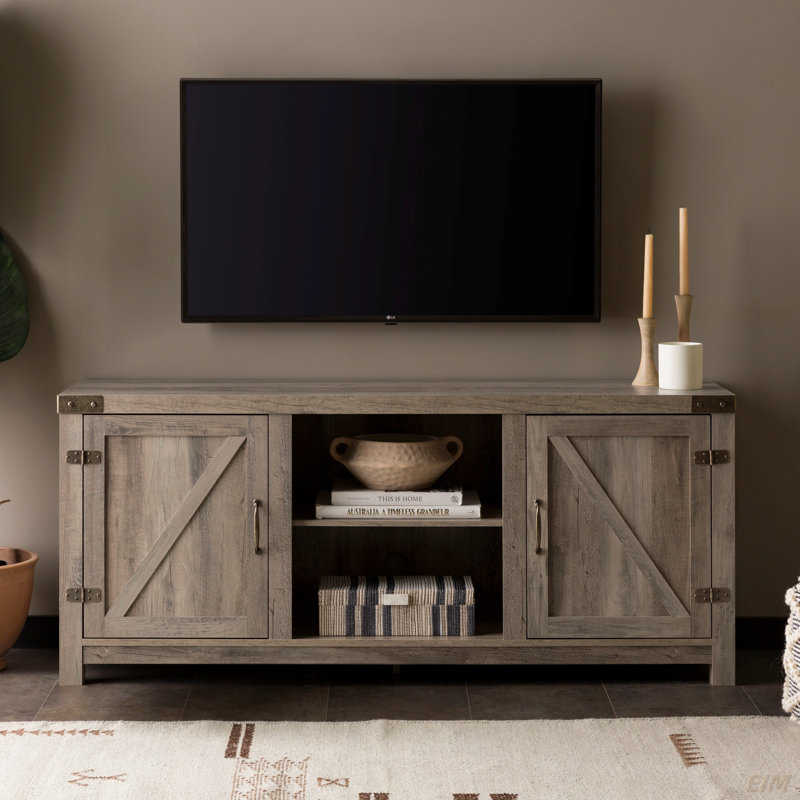 Meuble télé 3 portes pour grange Modern Farmhouse, 25"H x 58.75"L x 15.5"W, Gris délavé