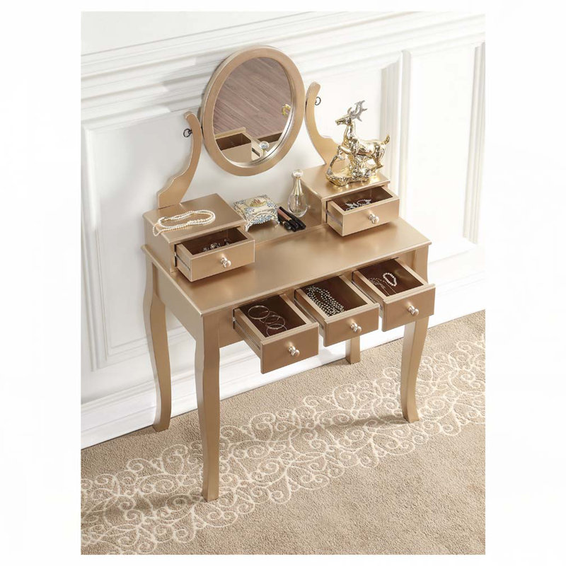 Ensemble coiffeuse et tabouret en bois, Doré