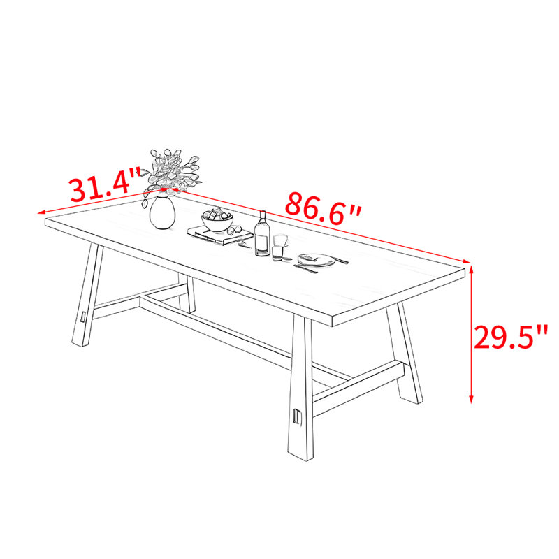 Nordic style rectangular solid wood dining table, 29.5"H x 86.6"L x 31.4"W