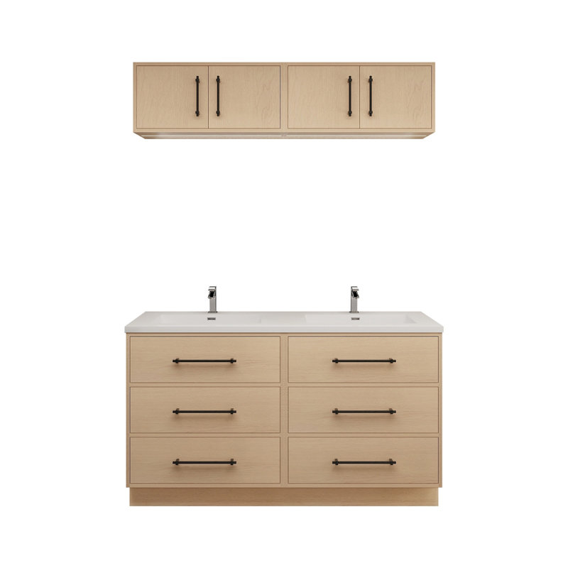 Meuble-lavabo autoportant de 60 po avec dessus double en acrylique renforcé Victoria, Chêne jaune