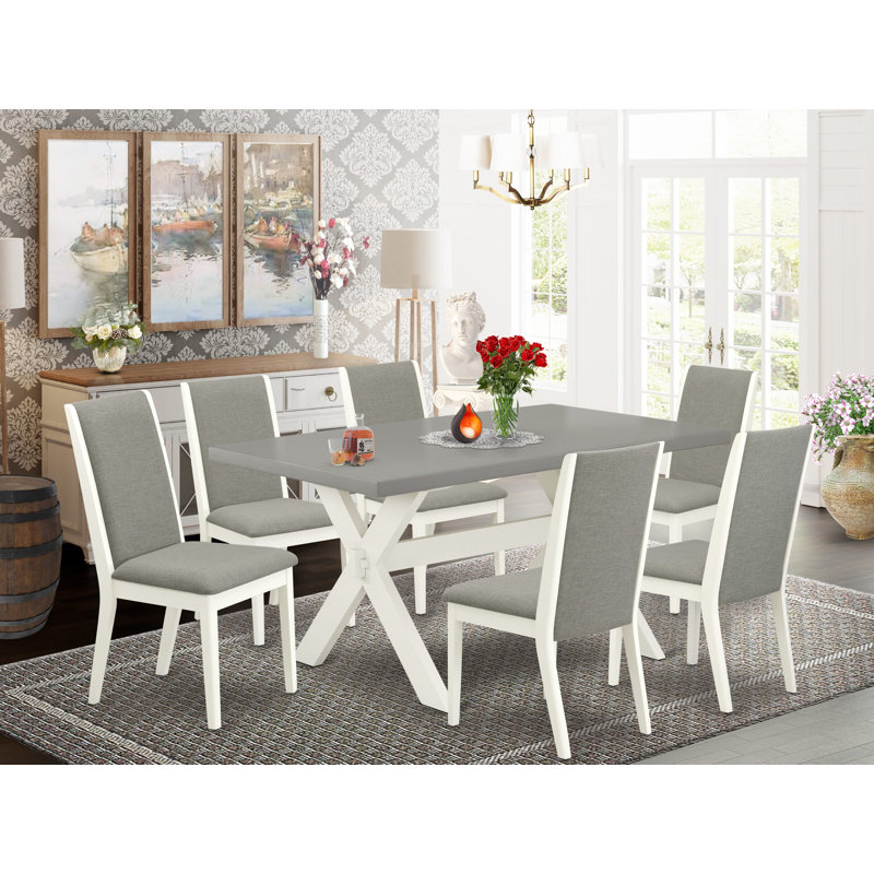 7 Piece Dinette Set Consist of a Rectangle Dining Room Table with X-Legs and 6 Shitake Linen Fabric Parson Dining Chairs, Wire Brushed Linen White
