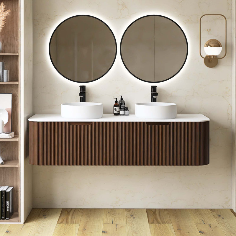 Meuble-lavabo mural rayé à rebords incurvés pré-assemblés avec lavabo, tiroir, lavabo en céramique blanc sans robinet