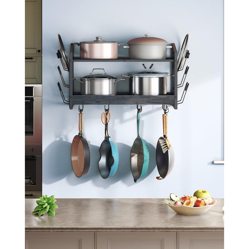Support mural suspendu pour casseroles, organisateur de casseroles et couvercles à 2 niveaux, support mural avec 12 crochets, pour le rangement des casseroles, poêles et ustensiles de cuisine (noir anthracite)