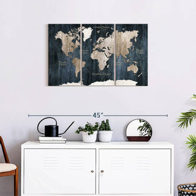 Carte du monde en bois vieilli, ensemble de 3 reproductions sur toiles 3 pièces