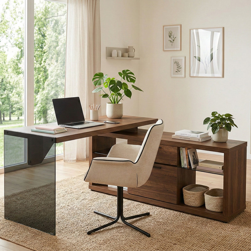Bureau de direction en L avec armoire de rangement 55,83 "Lux, Brun / Gris