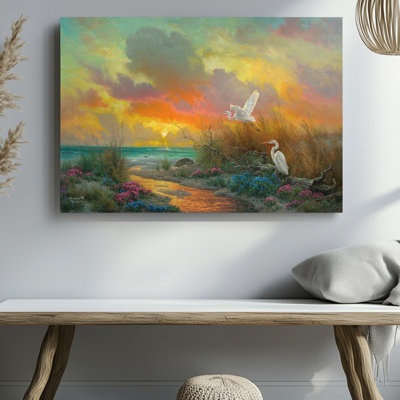 Coastal With Egret Birds Beach Sunset Nature Landscape Canvas Wall Art Print For Living Room, Bedroom, Office, Hallway, Entryway, Gallery Wall And Modern Home Decor