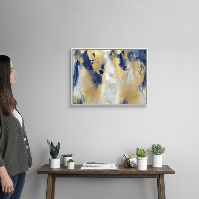 Reproduction d’art sur toile abstraite « taches d’or » par David Moore, Cadre blanc, H 20 po x l 26 po x P 1,75 po