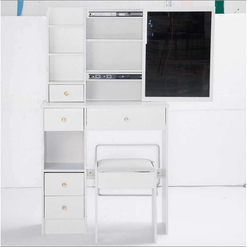 Petit meuble-lavabo de 29,2 po avec tabouret de bureau et tabouret rembourré, très grand miroir coulissant à droite, rangement multi-couches à grande capacité, commode pratique et pratique, convient aux petits espaces
