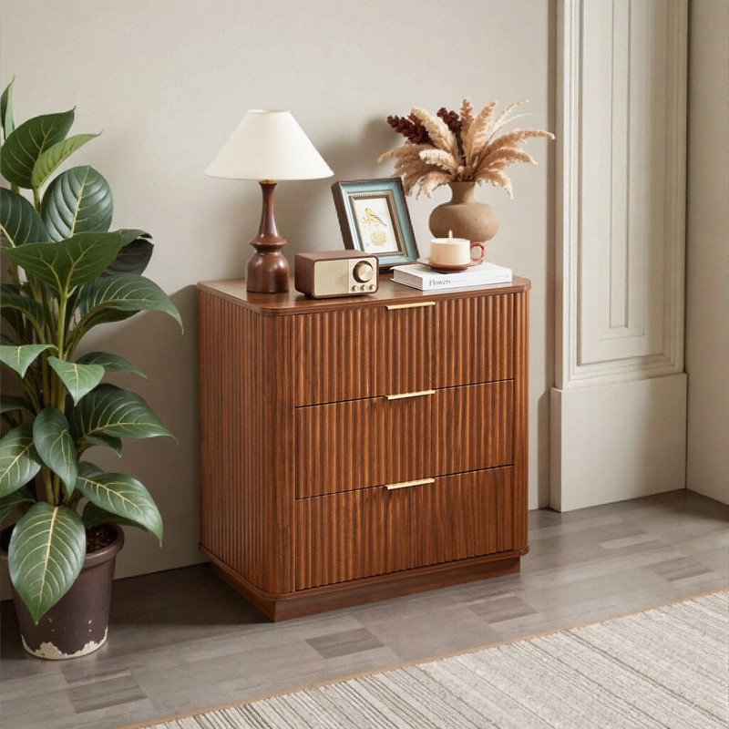 Wave-Textured 3-Drawer Dresser, Compact Nightstand with Waterproof MDF Top