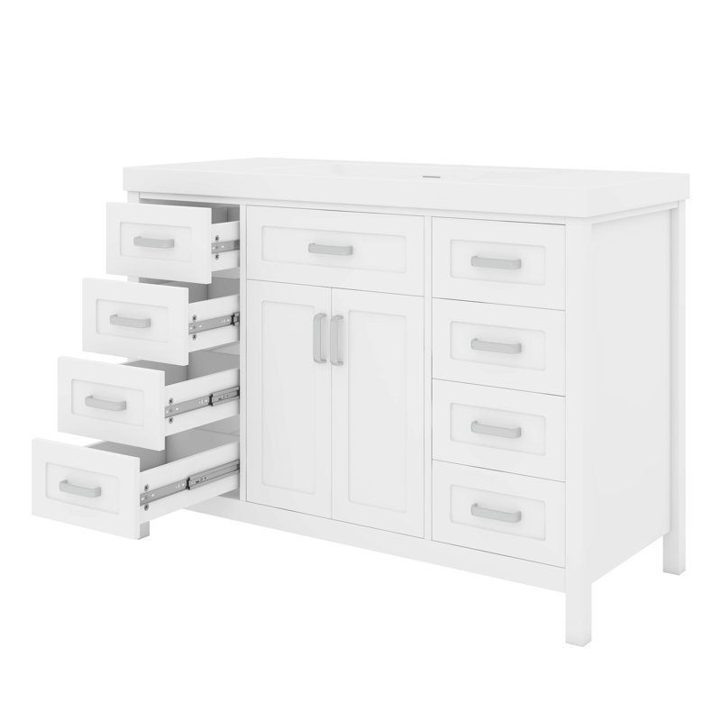 Meuble-lavabo de 48 po avec lavabo intégré, lavabo simple avec 2 portes, 8 tiroirs et fermeture silencieuse, Blanc